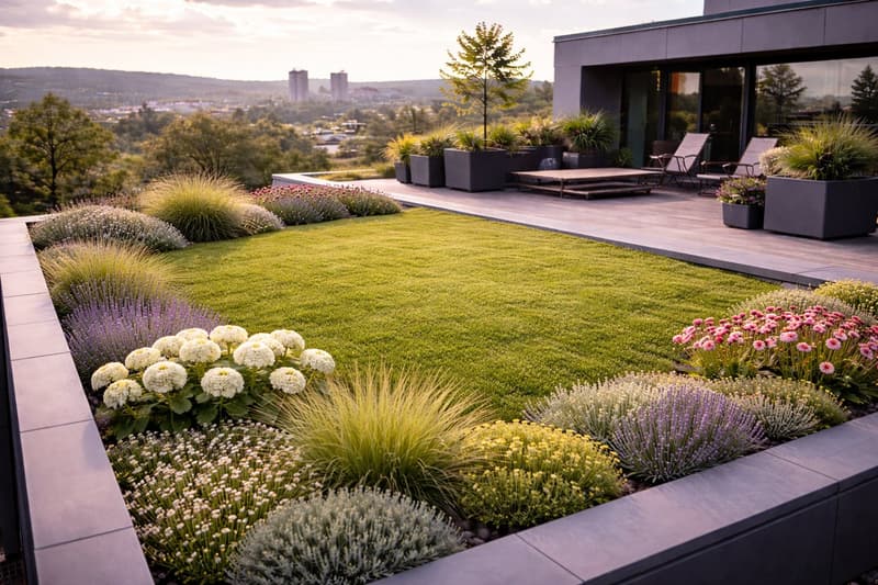 Begrünte Dachterrasse mit Gräsern und Stauden über einem modernen Wohnhaus