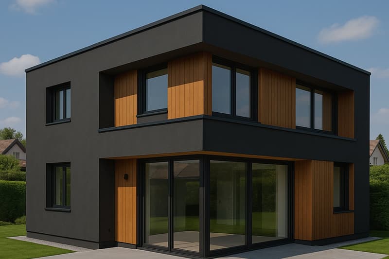 Modernes Wohnhaus mit Flachdach, Holzverkleidung und anthrazitfarbenen Blechkanten