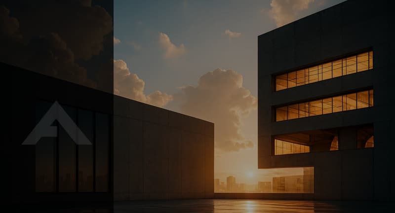 Industriegebäude mit großer Flachdachfläche unter einem dunklen Abendhimmel