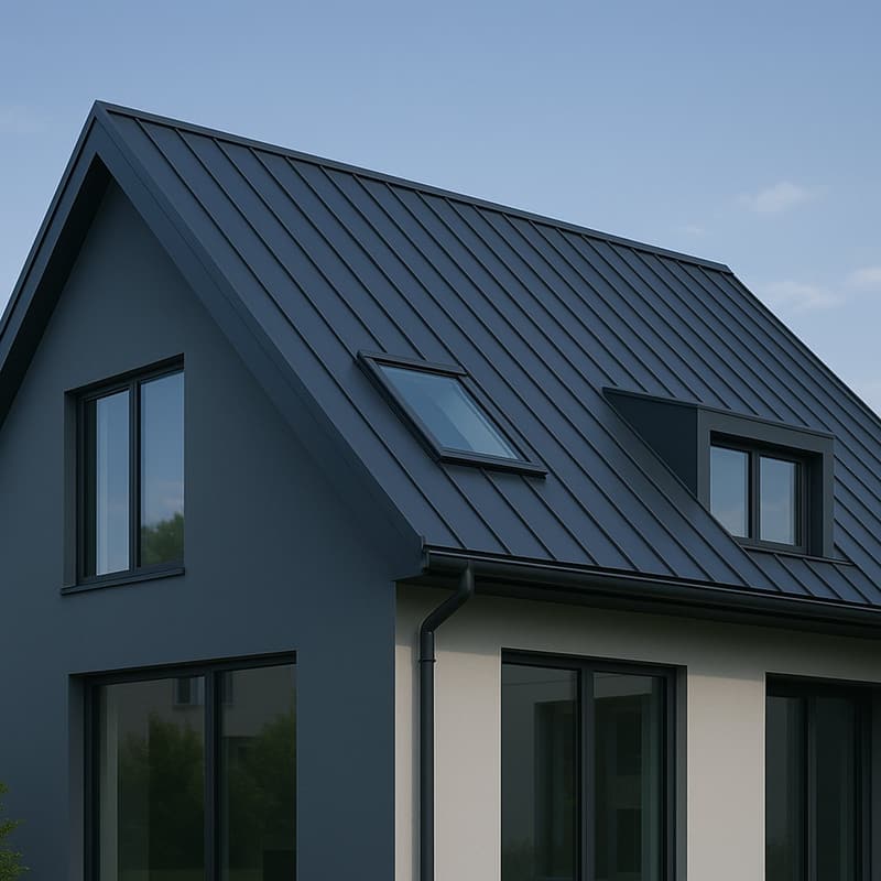 Einfamilienhaus mit anthrazitfarbenem Stehfalzdach und Dachflächenfenster